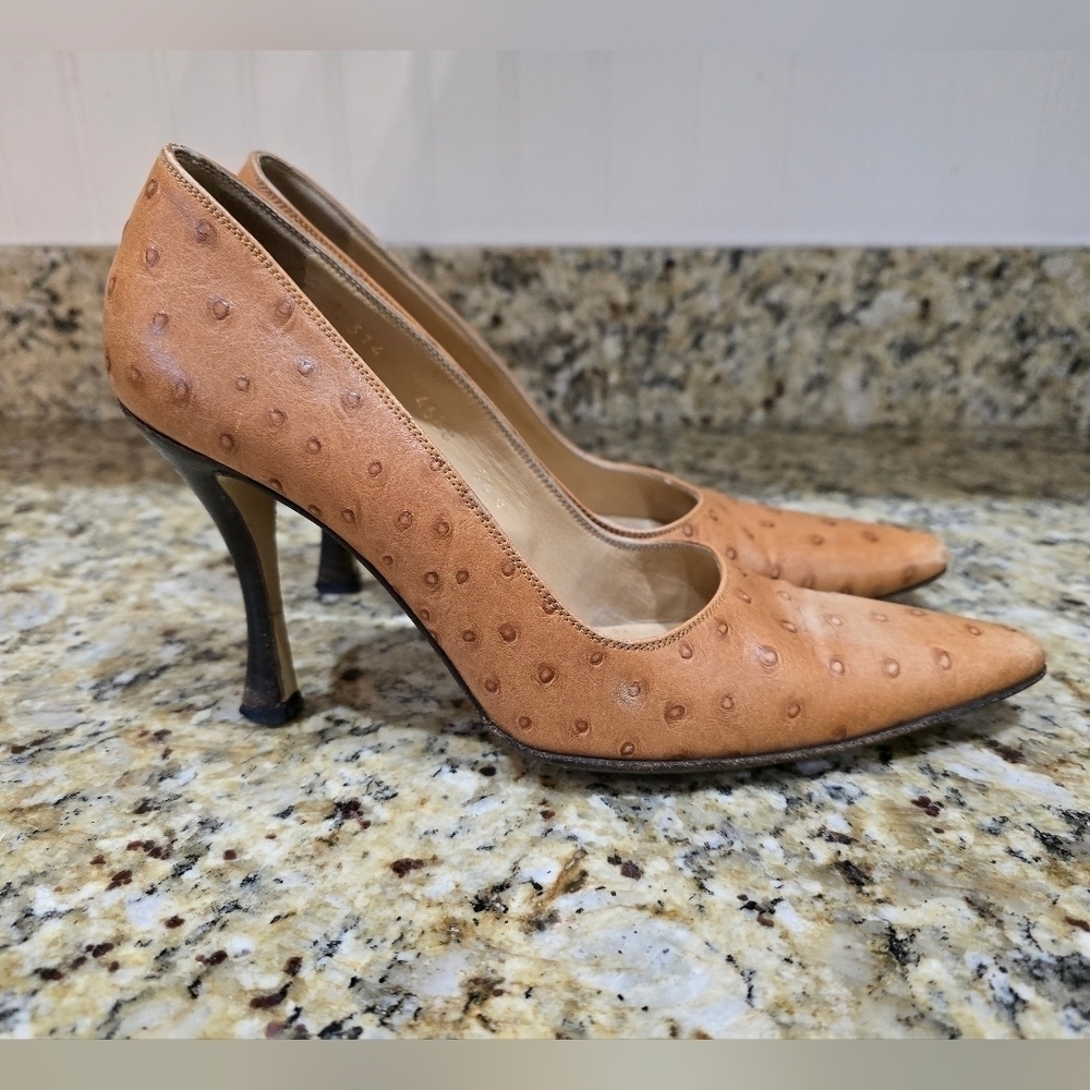 Walter Steiger Tan Ostrich Leather Heels Pointed Toe Size 6.5 Hand Made In Italy